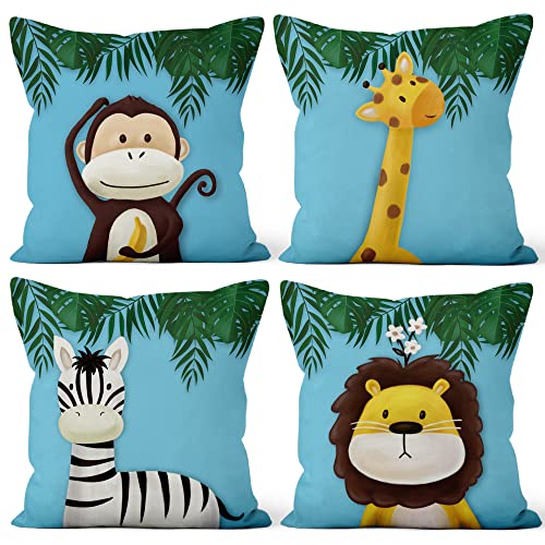 Aoihrraan 40x40cm 4er Set Süß Karikatur Tier Dekorativ Kissenbezug Forest Monkey Giraffe Floral Plant Weicher Kurzer Plüsch Quadratischer Baby Blau Kissenhüllekinder Party Schlafzimmer Sofa Bett von Aoihrraan