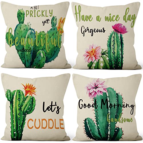 Aoihrraan 41x41cm 4er Set Decorativo Kissenbezug Grüner Kaktus Blume Grünpflanzen Quadratische Dekokissen Aus Mit Unsichtbarem Reißverschluss Leinen Zuhause Dekor Kissenhülle Schlafzimmer Garten Sofa von Aoihrraan