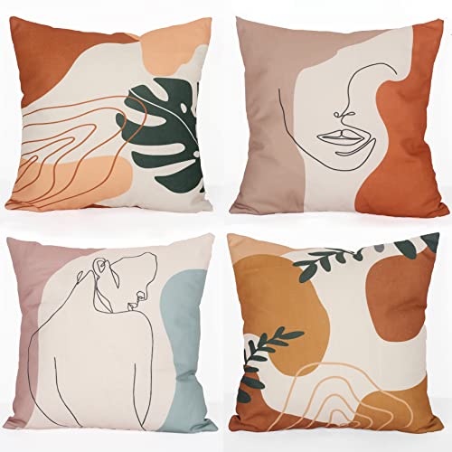 Aoihrraan 41x41cm 4er Set Dekorativ Abstrakte Kunst Kissenbezug Morandi Frau Gesicht Linie Stil Orange Zierkissenbezug Quadratische Couchkissen Dekokissen Sofa Auto Draussen Garten Schlafzimmer Couch von Aoihrraan