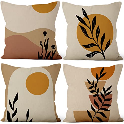 Aoihrraan 41x41cm 4er Set Dekorativ Boho Kissenbezug Minimalistisch Regenbogen Sonne Berg Blatt Modern Kunst Quadratische Sofakissen Dekokissen Aus Leinen Wohnzimmer Draussen Patio Stuhl Garten Sofá von Aoihrraan