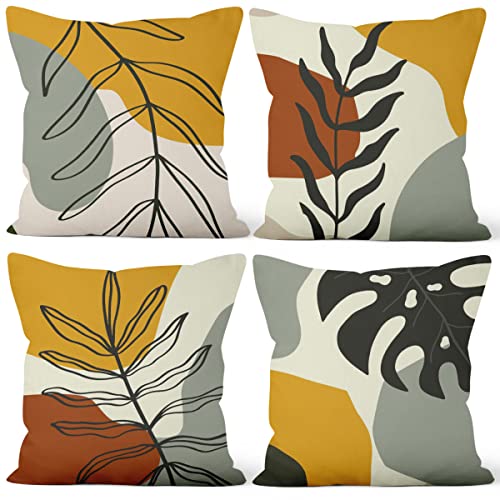 Aoihrraan 41x41cm 4er Set Dekorativ Boho Kissenbezug Palme Blatt Minimalistisch Rustikal Bohemien Zierkissenbezug Quadratische Couchkissen Dekokissen Bauernhaus Sofa Wohnzimmer Draussen Garten Couch von Aoihrraan