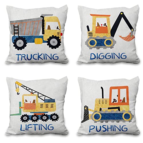 Aoihrraan 41x41cm 4er Set Dekorativ Konstruktion Kissenbezug Karikatur LKW-Transport Drücken Graben Heben Zierkissenbezug Quadratische Couchkissen Dekokissen Junge Baby Schlafzimmer Sofa Wohnzimmer von Aoihrraan