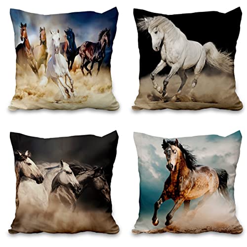 Aoihrraan 41x41cm 4er Set Dekorativ Laufendes Pferd Kissenbezug Realistisch Pferd Herde Tiere Jahrgang Zierkissenbezug Quadratische Couchkissen Dekokissen Sofa Bett Wohnzimmer Draussen Couch von Aoihrraan