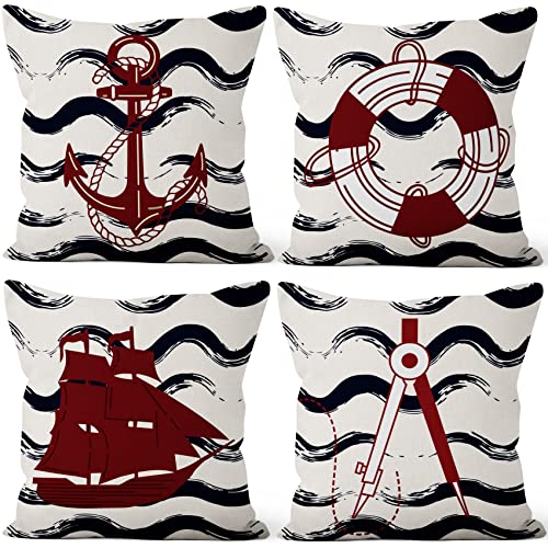 Aoihrraan 41x41cm 4er Set Dekorativ Nautisch Segeln Kissenbezug Nautisch Anker Ruder Segelschiff Weiß Welle Zierkissenbezug Quadratische Couchkissen Dekokissen Schlafzimmer Wohnzimmer Draussen Sofa von Aoihrraan