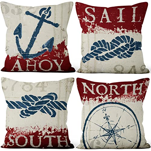 Aoihrraan 41x41cm 4er Set Dekorativ Nautisch Segeln Kissenbezug Retro Anker Ruder Nostalgisch Klassisch Kraft Papier Zierkissenbezug Quadratische Couchkissen Dekokissen Schlafzimmer Draussen Sofa von Aoihrraan