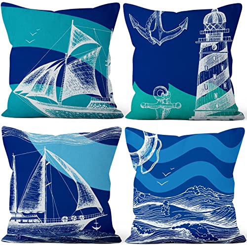 Aoihrraan 41x41cm 4er Set Dekorativ Ozean Navigation Kissenbezug Blau Couchkissen Segelschiff Nautisch Leuchtturm Segelboot Zierkissenbezug Quadratische Dekokissen Schlafzimmer Wohnzimmer Sofa Couch von Aoihrraan