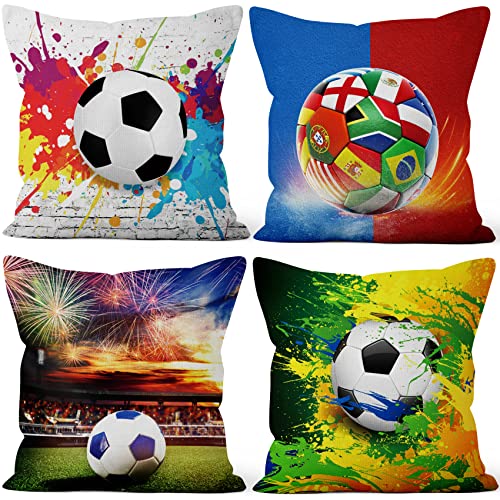 Aoihrraan 41x41cm 4er Set Dekorativ Regenbogen Fußball Kissenbezug Fußball Blau Himmel Grün Gras Fußball Aufstellen Zierkissenbezug Quadratische Couchkissen Passen Junge Sofa Schlafzimmer Dekokissen von Aoihrraan