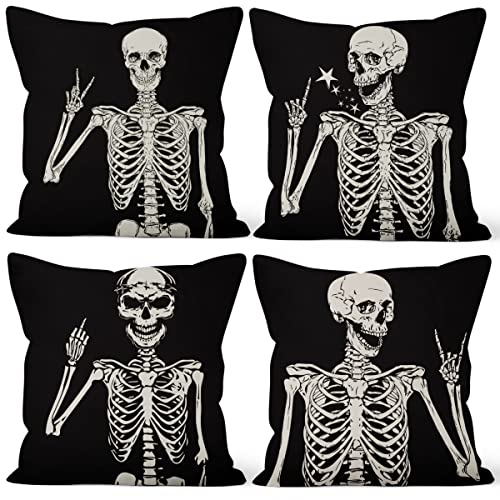 Aoihrraan 41x41cm 4er Set Dekorativ Skelett Kissenbezug Jahrgang Weiß Und Schwarz Schädel Zierkissenbezug Quadratische Couchkissen Halloween Sofa Schlafzimmer Wohnzimmer Draussen Dekokissen von Aoihrraan