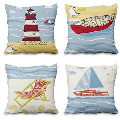 Aoihrraan 41x41cm 4er Set Dekorativ Strand Kissenbezug Ozean Strand Stuhl Boot Ruder Leuchtturm Zierkissenbezug Quadratische Couchkissen Dekokissen Bett Wohnzimmer Sofa Draussen Garten Couch von Aoihrraan