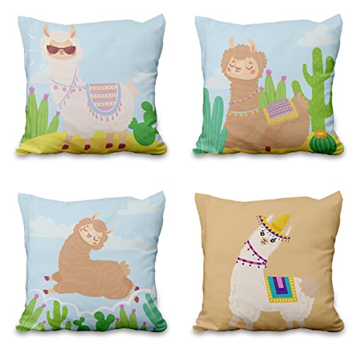 Aoihrraan 41x41cm 4er Set Dekorativ Süßes Alpaka Kissenbezug Karikatur Tiere Wüste Grün Kaktus Zierkissenbezug Quadratische Couchkissen Dekokissen Kinder Sofa Bett Wohnzimmer Draussen Garten Couch von Aoihrraan