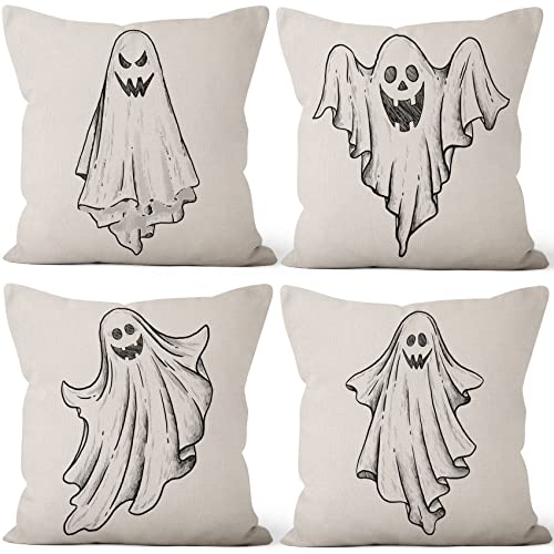 Aoihrraan 41x41cm 4er Set Dekorativ Weiß Kissenbezug Geisterskizze Quadratische Sofakissen Halloween Dekokissen Aus Leinen Für Bauernhaus Wohnzimmer Schlafzimmer Sofá Draussen Garten Stuhl Auto von Aoihrraan