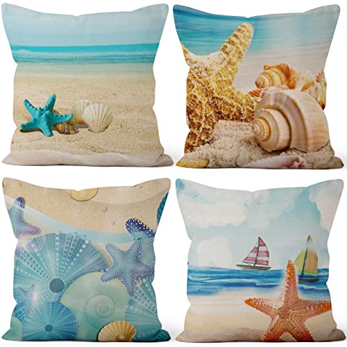 Aoihrraan 41x41cm 4er Set Strand Am Meer Dekorativ Kissenbezug Meer Küsten Hülse Seestern Muschel Quadratische Dekokissen Aus Leinen Sommer Couchkissen Für Wohnzimmer Bett Draussen Garten Sofá von Aoihrraan