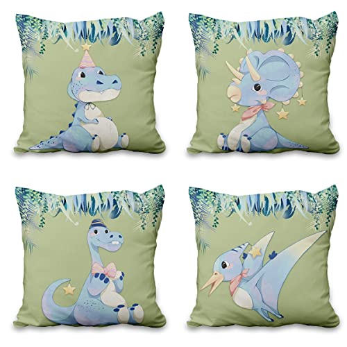 Aoihrraan 41x41cm 4er Set Süß Karikatur Tier Dekorativ Kissenbezug Dinosaurier Blumen Pflanze Hellgrün Quadratische Sofakissen Baby Dekokissen Aus Leinen Kinder Party Sofa Schlafzimmer Bett Auto von Aoihrraan