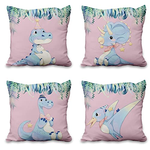 Aoihrraan 41x41cm 4er Set Süß Karikatur Tier Dekorativ Kissenbezug Dinosaurier Blumen Pflanze Quadratische Sofakissen Hellrosa Dekokissen Aus Leinen Kinder Party Sofa Baby Zierkissenbezug Bett Auto von Aoihrraan