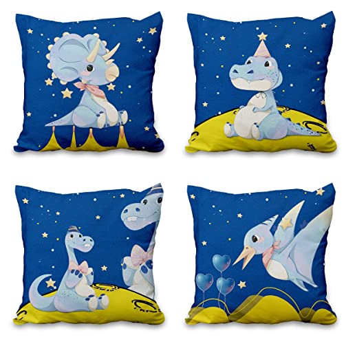 Aoihrraan 41x41cm 4er Set Süß Karikatur Tier Dekorativ Kissenbezug Dunkelblau Sternenklarer Himmel Dinosaurier Planet Quadratische Sofakissen Baby Dekokissen Aus Leinen Kinder Sofa Bett Schlafzimmer von Aoihrraan