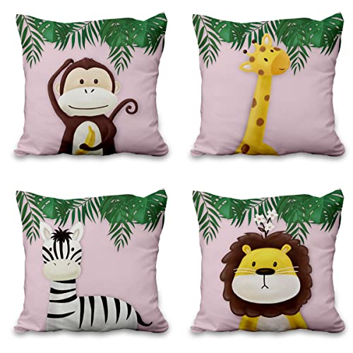 Aoihrraan 41x41cm 4er Set Süß Karikatur Tier Dekorativ Kissenbezug Wald AFFE Giraffe Blumen Pflanze Quadratische Sofakissen Hellrosa Dekokissen Aus Leinen Kinder Party Sofa Baby Schlafzimmer Bett von Aoihrraan