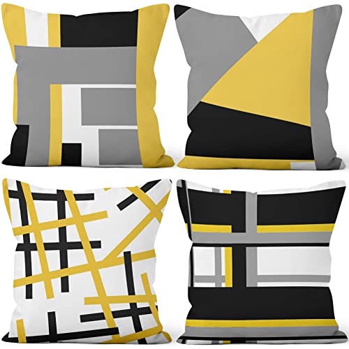 Aoihrraan 45x45cm 4er Set Dekorativ Kissenbezug Gelb Grau Weiß Modern Geometrisch Muster Weicher Plüsch Quadratischer Kissenbezug Bett Wohnzimmer Draussen Balkon Terrasse Patio Stuhl Garten Sofá von Aoihrraan