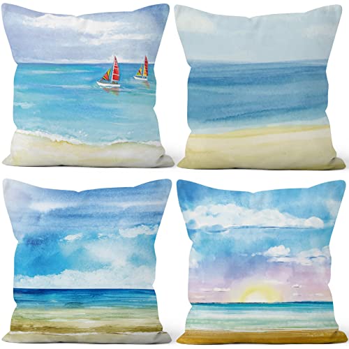 Aoihrraan 45x45cm 4er Set Dekorativ Kissenbezug Sommer Sunrise Blaues Meer Strand Segelboot Weicher Plüsch Quadratischer Kissenbezug Bett Wohnzimmer Draussen Balkon Patio Stuhl Garten Sofá von Aoihrraan