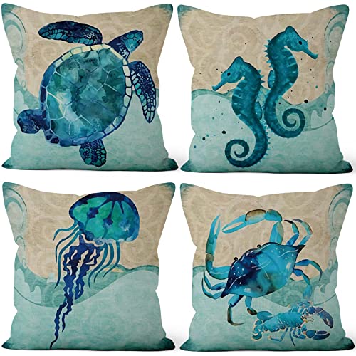 Aoihrraan 46x46cm 4er Set Decorativo Kissenbezug Unter Wasser Welt Tiere Quadratische Dekokissen Aus Mit Unsichtbarem Reißverschluss Leinen Zuhause Dekor Schlafzimmer Garten Outdoor Sofa Kissenhülle von Aoihrraan