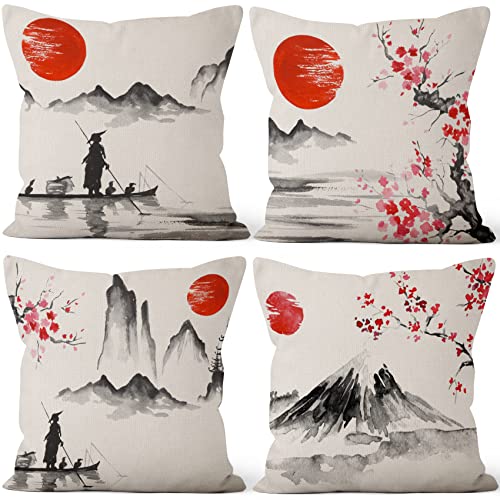 Aoihrraan 46x46cm 4er Set Dekorativ Japanisch Kissenbezug Rot Sonne Schwarz Und Weiß Landschaft Berg Fuji Quadratische Sofakissen Dekokissen Aus Leinen Japan Taverne Zuhause Schlafzimmer Sofa Tatami von Aoihrraan