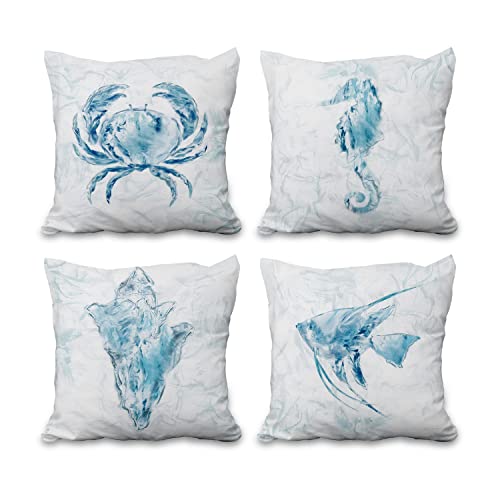 Aoihrraan 46x46cm 4er Set Dekorativ Küstenblau Thematisiert Kissenbezug Aquarell Muschel Meer Schildkröte Fisch Krabbe Zierkissenbezug Quadratische Couchkissen Dekokissen Wohnzimmer Draussen Sofa von Aoihrraan