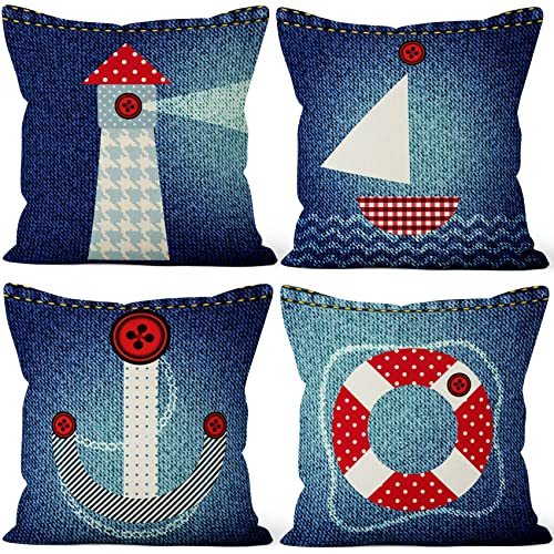 Aoihrraan 46x46cm 4er Set Dekorativ Nautisch Segeln Kissenbezug Denim Textur Dekokissen Navy Blau Leuchtturm Segelboot Anker Zierkissenbezug Quadratische Couchkissen Junge Schlafzimmer Draussen Sofa von Aoihrraan