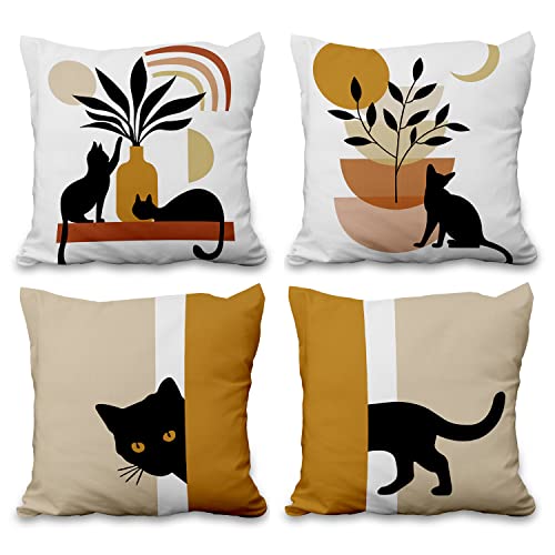 Aoihrraan 46x46cm 4er Set Dekorativ Schwarze Katze Kissenbezug Boho Abstrakt Kunst Zierkissenbezug Quadratische Couchkissen Bauernhaus Draussen Terrasse Garten Wohnzimmer Sofa Schlafzimmer Geschenke von Aoihrraan