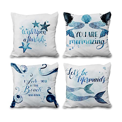 Aoihrraan 46x46cm 4er Set Dekorativ Thema Meer Kissenbezug Wunsch Auf Plattfisch Seestern Krake Meerjungfrau Zierkissenbezug Quadratische Couchkissen Dekokissen Schlafzimmer Wohnzimmer Draussen Sofa von Aoihrraan