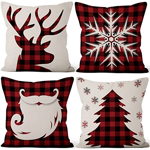 Aoihrraan 46x46cm 4er Set Frohe Weihnachten Dekorativ Kissenbezug Weihnachten Baum Weihnachtsmann REH Schneeflocke Quadratische Dekokissen Aus Leinen Bett Wohnzimmer Draussen Sofa, Weiß Rot Plaid Aoihrraan 46x46cm 4er Set Frohe Weihnachten Dekorativ Kissenbezug Weihnachten Baum Weihnachtsmann REH Schneeflocke Quadratische Dekokissen Aus Leinen Bett Wohnzimmer Draussen Sofa, Weiß Rot Plaid von Aoihrraan
