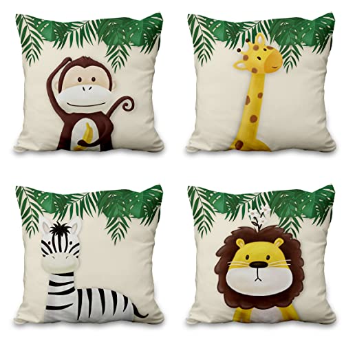 Aoihrraan 46x46cm 4er Set Süß Karikatur Tier Dekorativ Kissenbezug Wald AFFE Giraffe Blumen Pflanze Beige Quadratische Sofakissen Baby Dekokissen Aus Leinen Kinder Party Schlafzimmer Sofa Bett Auto von Aoihrraan