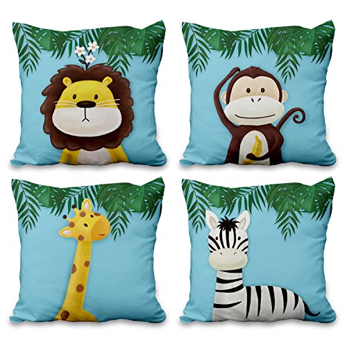 Aoihrraan 46x46cm 4er Set Süß Karikatur Tier Dekorativ Kissenbezug Wald AFFE Giraffe Blumen Pflanze Quadratische Sofakissen Baby Blau Dekokissen Aus Leinen Kinder Party Schlafzimmer Sofa Bett Auto von Aoihrraan