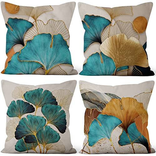 Aoihrraan 51x51cm 4er Set Decorativo Kissenbezug Grün Und Gold Blätter Quadratische Dekokissen Aus Mit Unsichtbarem Reißverschluss Leinen Zuhause Dekor Wohnzimmer Sofa Garten Schlafzimmer Kissenhülle von Aoihrraan