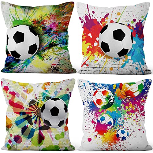 Aoihrraan 51x51cm 4er Set Dekorativ Fußball Kissenbezug Sport Hingabe Regenbogen Farbe Fußball Bälle Gekritzel Polka Punkt Zierkissenbezug Quadratische Couchkissen Junge Sofa Schlafzimmer Couch von Aoihrraan