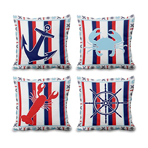 Aoihrraan 51x51cm 4er Set Dekorativ Küstenthemen Kissenbezug Nautisch Anker Garnele Krabbe Rot Und Blau Zierkissenbezug Quadratische Couchkissen Dekokissen Schlafzimmer Wohnzimmer Draussen Sofa von Aoihrraan