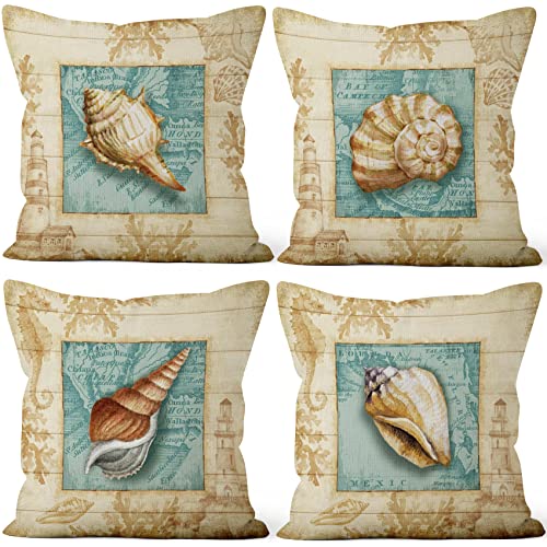 Aoihrraan 51x51cm 4er Set Dekorativ Mittelmeer Stil Kissenbezug Retro Couchkissen Meer Muschel Muscheln Zierkissenbezug Quadratische Dekokissen Kind Schlafzimmer Wohnzimmer Draussen Garten Sofa von Aoihrraan