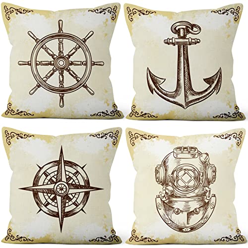 Aoihrraan 51x51cm 4er Set Dekorativ Mittelmeer Stil Kissenbezug Retro Nautisch Anker Ruder Couchkissen Segelschiff Nostalgisch Zierkissenbezug Quadratische Dekokissen Schlafzimmer Draussen Sofa von Aoihrraan