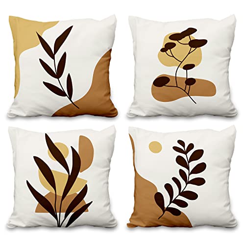 Aoihrraan 55x55cm 4er Set Dekorativ Boho Ästhetisch Blätter Kissenbezug Kunst Mitte des Jahrhunderts Braun Blatt Geometrisch Weicher Kurzer Plüsch Quadratischer Kissenhülle Wohnzimmer Draussen Sofa von Aoihrraan