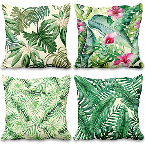 Aoihrraan 55x55cm 4er Set Dekorativ Tropische Blätter Kissenbezug Modern Grün Palme Blatt Aquarell Künstlerisch Weicher Kurzer Plüsch Quadratischer Kissenhülle Für Wohnzimmer Draussen Garten Sofa von Aoihrraan