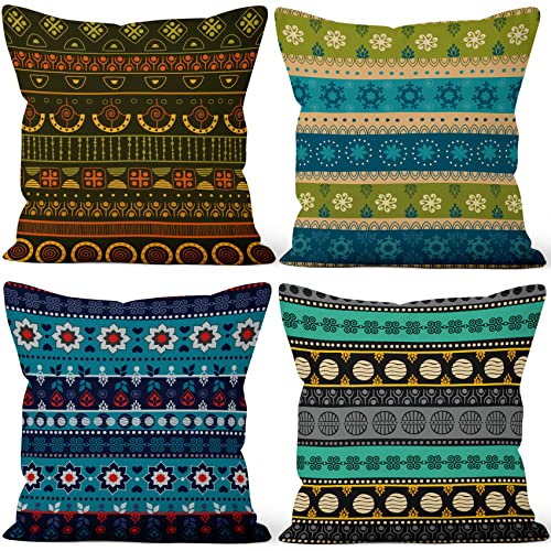 Aoihrraan 60x60cm 4er Set Dekorativ Boho Stil Kissenbezug Grün Blau Indisches Dekor Jahrgang Pattern Weicher Plüsch Quadratischer Kissenbezug Wohnzimmer Draussen Balkon Patio Stuhl Garten Sofá von Aoihrraan