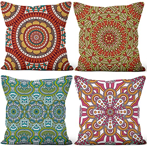 Aoihrraan 60x60cm 4er Set Dekorativ Boho Stil Kissenbezug Rot Grün Bohemien Mandalas Blume Pattern Weicher Plüsch Quadratischer Kissenbezug Wohnzimmer Draussen Balkon Patio Stuhl Garten Sofá von Aoihrraan