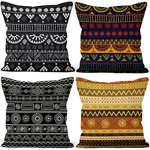 Aoihrraan 60x60cm 4er Set Dekorativ Boho Stil Kissenbezug Schwarz Gelb Indisches Dekor Jahrgang Pattern Weicher Plüsch Quadratischer Kissenbezug Wohnzimmer Bauernhaus Draussen Patio Garten Sofá von Aoihrraan