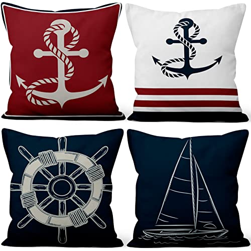 Aoihrraan 60x60cm 4er Set Dekorativ Kissenbezug Segelboot Ruder Anchor Navy Blau Weicher Plüsch Quadratischer Kissenbezug Bett Wohnzimmer Draussen Balkon Terrasse Patio Stuhl Garten Sofá Wagen von Aoihrraan