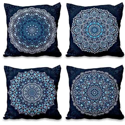 Aoihrraan 61x61cm 4er Set Dekorativ Kissenbezug Dunkelblau Bohemien Mandalas Blume Indisch Hippie Boho-Stil Quadratische Sofakissen Dekokissen Aus Leinen Wohnzimmer Draussen Patio Stuhl Garten Sofá von Aoihrraan