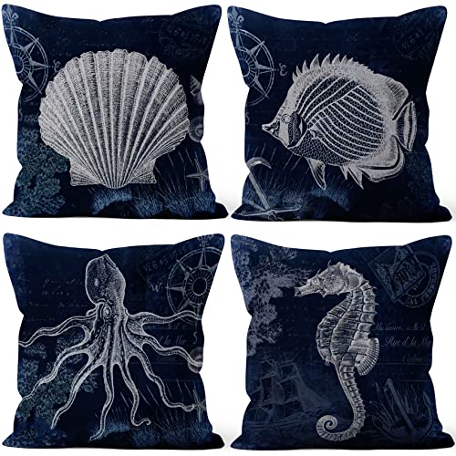 Aoihrraan 61x61cm 4er Set Dekorativ Meer Thema Kissenbezug Navy Blau Schildkröte Fische Seepferdchen Muschel Muscheln Zierkissenbezug Quadratische Couchkissen Dekokissen Schlafzimmer Draussen Sofa von Aoihrraan