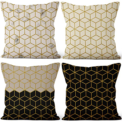 Aoihrraan Geometrie Kissenbezüge, 4er-Set Schwarze Goldene Feste Kissenbezug Quadratisch Leinen Modern Abstrakt Dekokissenfür Sofa Auto Garten Bett Couch Haus Dekorativ Kopfkissenbezug 46 x 46 cm von Aoihrraan