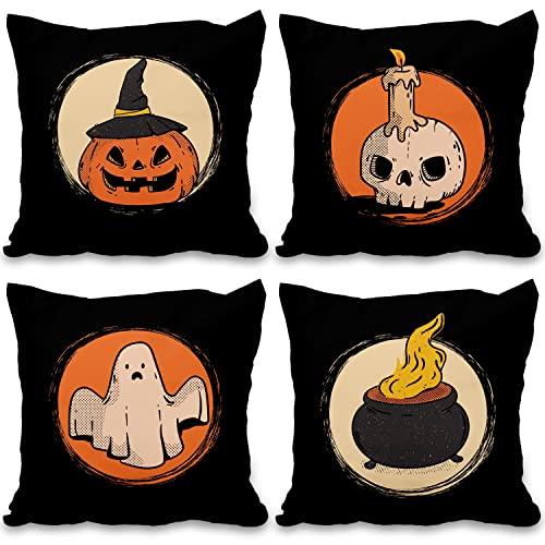 Aoihrraan Halloween Kissenbezug 40x40cm 4er Set, Dekorativ Hexe Kürbis Gruseliger Geist Zaubertränke Weicher Kurzer Plüsch Quadratischer Kissenhülle Zierkissenbezug Wohnzimmer Draussen Sofa Dekokissen von Aoihrraan