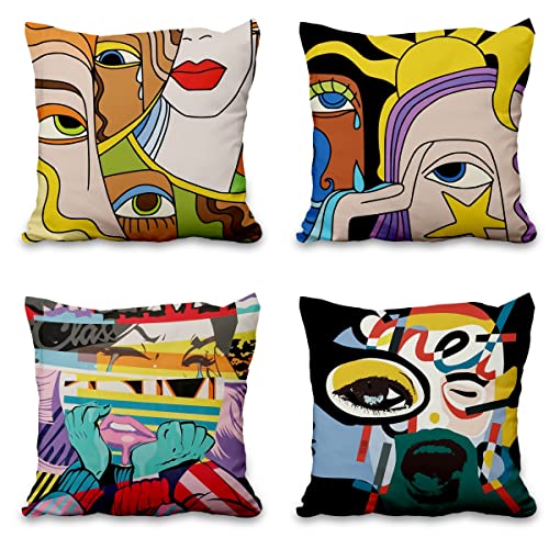 Aoihrraan Kissenbezüge, 4er-Set Lustiges Abstraktes Graffiti Gesicht Kissenbezug Quadratisch Leinen Mit Unsichtbarem Reißverschluss für Sofa Auto Garten Bett Couch Haus Dekorativ 41 x 41 cm von Aoihrraan