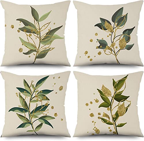 Aoihrraan Kissenbezüge 46x46cm Grüne Goldene Blätter Kissenbezug Home Dekorative Quadratische, Kissenbezüge Aus Leinen Mit Unsichtbarem Reißverschluss für Sofa Auto Schlafzimmer, Packung mit 4 von Aoihrraan