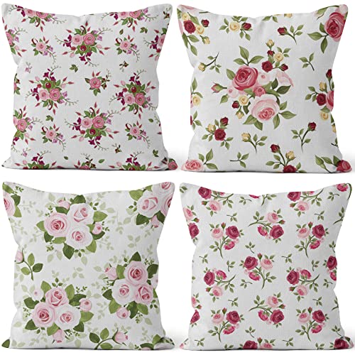 Aoihrraan Kissenbezüge 4er Pack, 41x41cm Rosa Blumen Grün Blätter Dekokissenbezüge Moderner Dekorativer Quadratischer, Leinen Kissenbezüge Mit Unsichtbarem Reißverschluss für Sofa Auto Schlafzimmer von Aoihrraan