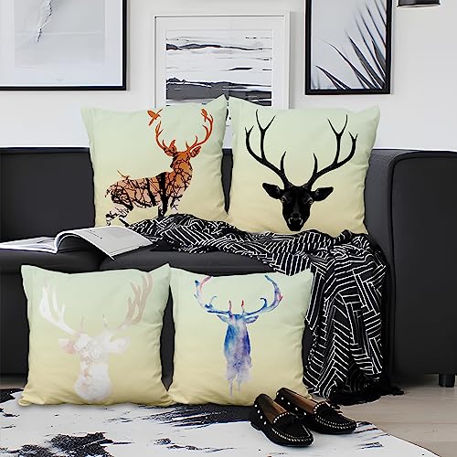 Aoihrraan Kissenbezüge 4er Pack, 51x51cm Hirsch Tier Dekokissenbezüge Moderner Dekorativer Quadratischer Kissenbezug, Leinen Kissenbezüge Mit Unsichtbarem Reißverschluss für Sofa Auto Schlafzimmer von Aoihrraan